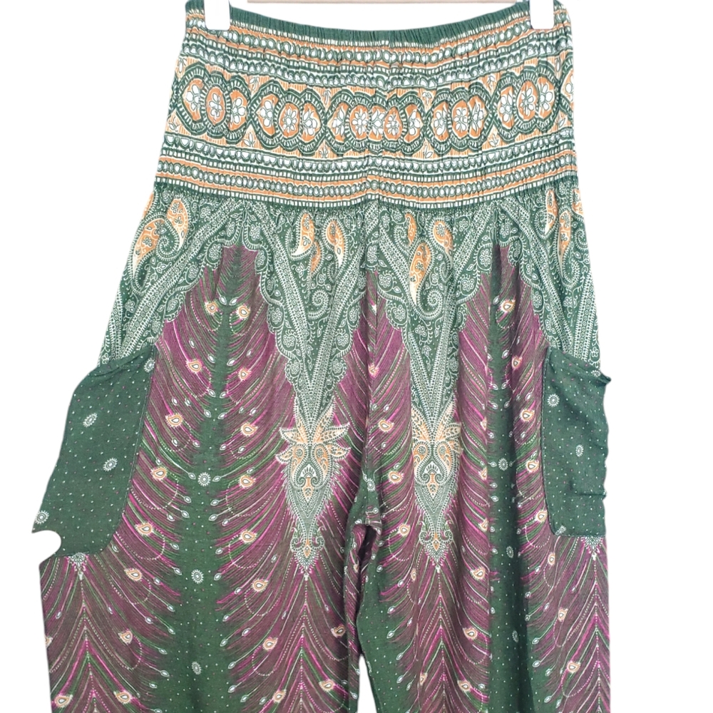 Vintage Harem Paisley Print Pants Stretchy Cozy Boho Hippie Green Baggy S - Picture 2 of 4